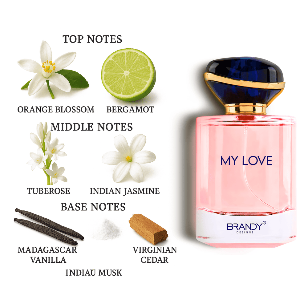 Perfume bottle labeled 'My Love' with floral elements and notes on a white background