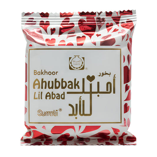 Bakhoor package with red and white design and 'Surati' brandingAhubbak lil Abad Choco Bakhoor 40g – Surrati
