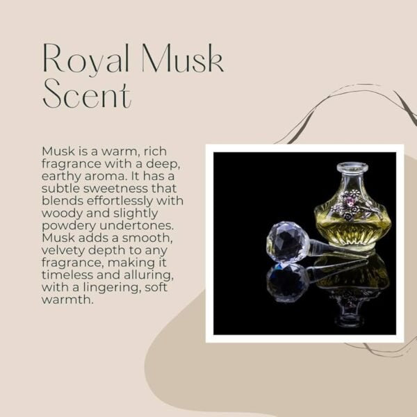 Advertisement for Royal Musk Scent with an image of a perfume bottle and jewelry on a reflective surface.