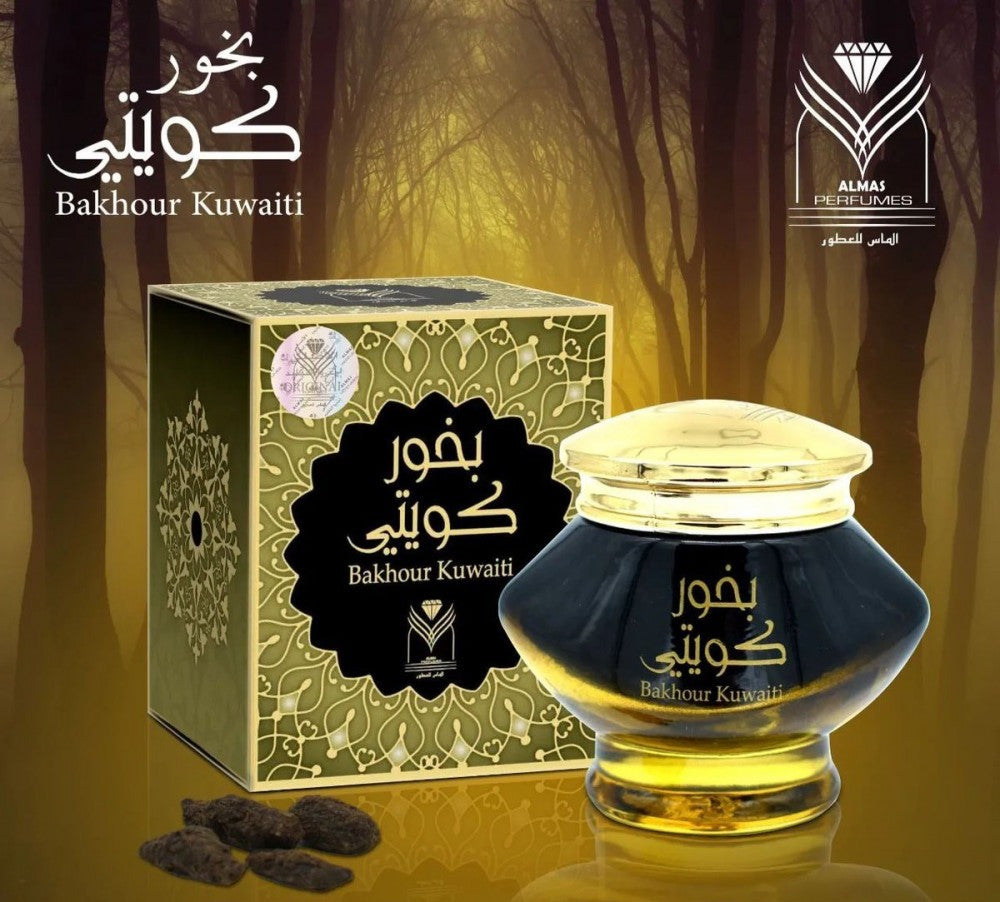 Bakhour Kuwaiti packaging with box and jar on a dark background Almas Perfumes Kuwaiti Bakhoor 40g – Gulf Incense