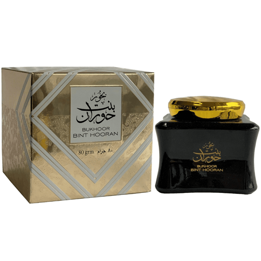 Perfume bottle and packaging of Bukhoor Bint Hooran on a white background