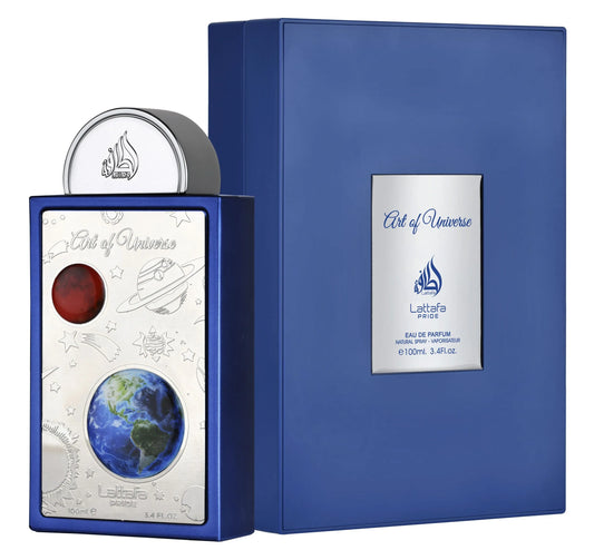 Blue Lattafa perfume bottle and packaging with 'Art of Universe' design on a white background