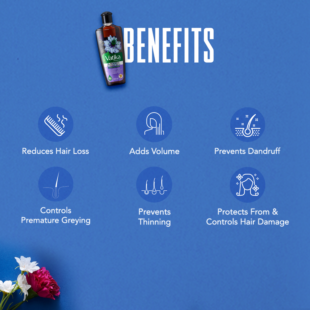 Hair care benefits graphic on a blue background featuring a bottle of Nourish hair oil near the top, with six benefit icons and text: reduces hair loss, adds volume, prevents dandruff, controls premature greying, prevents thinning, and protects from and controls hair damage.