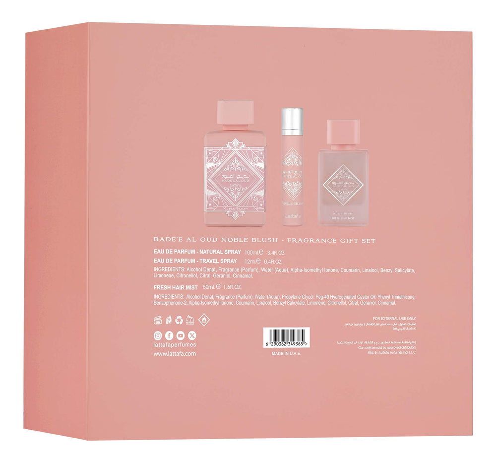 Badee Al Oud Noble Blush EDP Gift Set 100ml + 12ml + Hair Mist – Lattafa