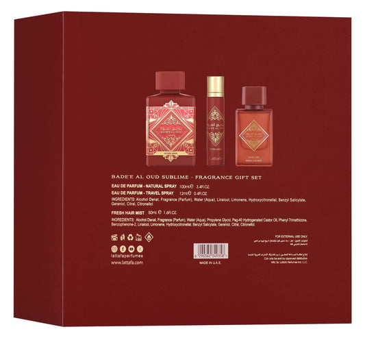 Badee Al Oud Sublime EDP Gift Set 100ml + 12ml + Hair Mist – Lattafa