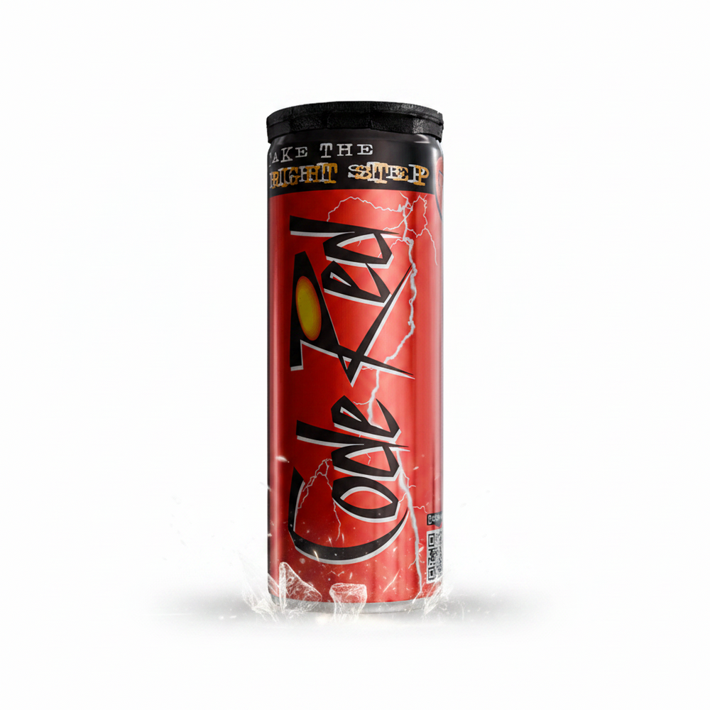 Coke Zero can with red label and black cap on a black background
