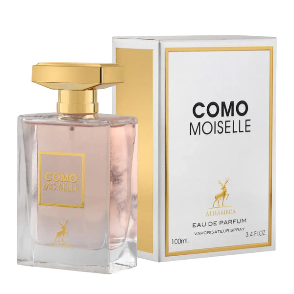 Perfume bottle with packaging labeled 'COMO MOISSELE' on a white background
