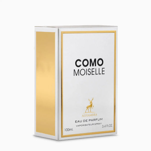 Perfume box for 'Como Moiselle' with gold and white design on a white background