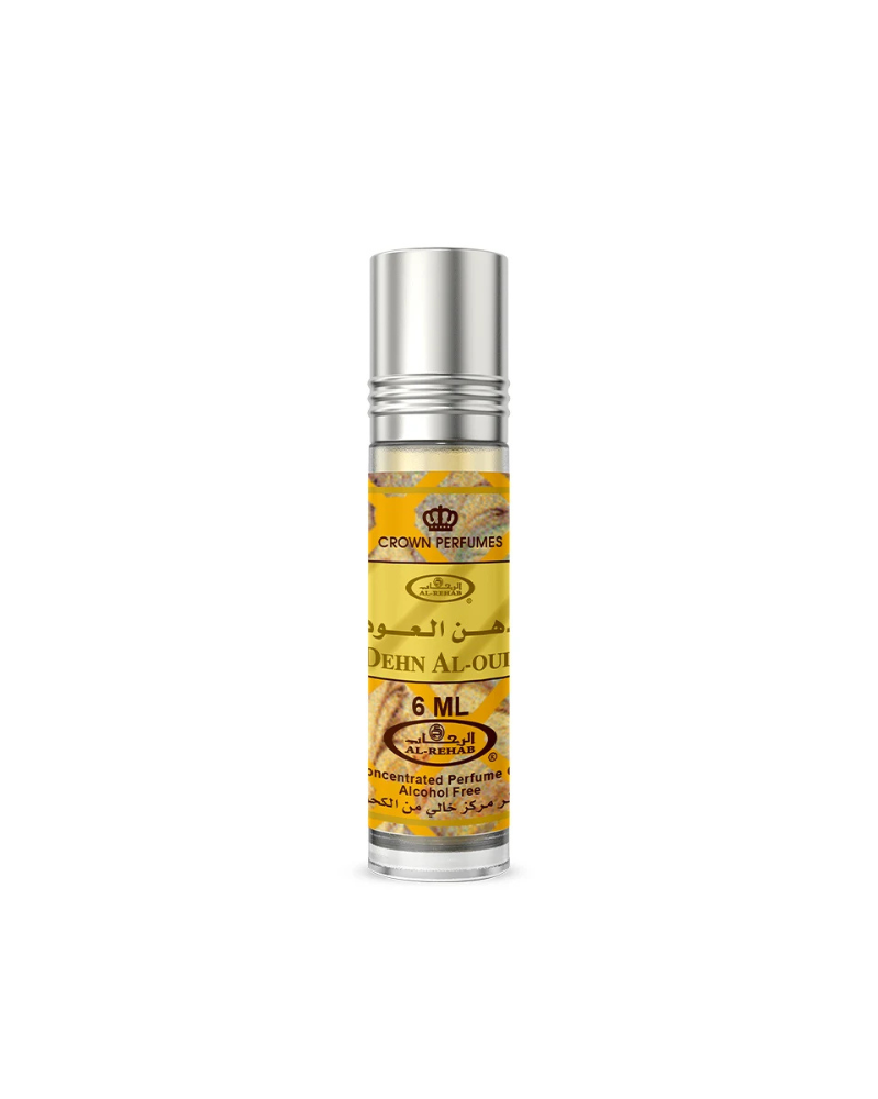 Perfume bottle with yellow label on a white background