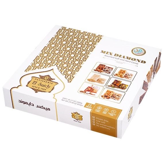 A white and gold box of Caterpillar El Saids Mix Diamond Sweetened Soft Drink Flavor Cookie Dough, shown at an angle on a white background.