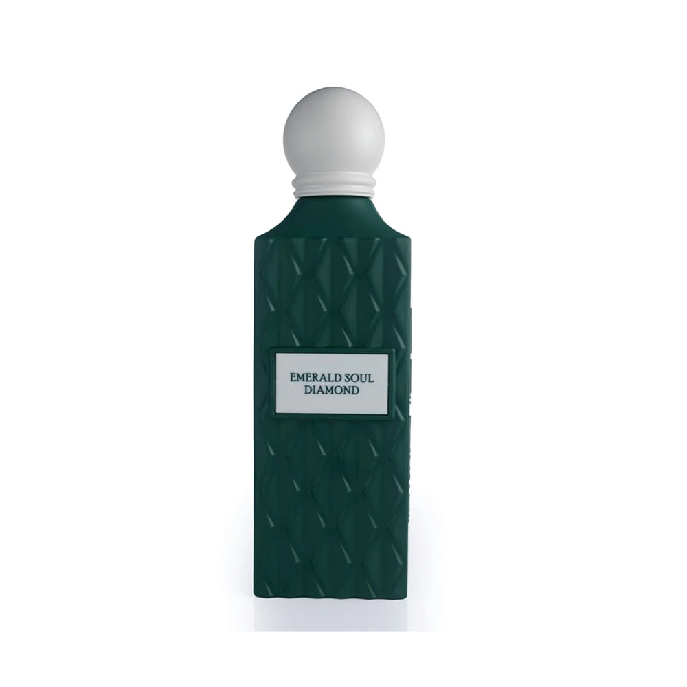 Emerald Soul Diamond perfume bottle by Azzaro, featuring a dark green textured rectangular body with a white spherical cap and a white label.