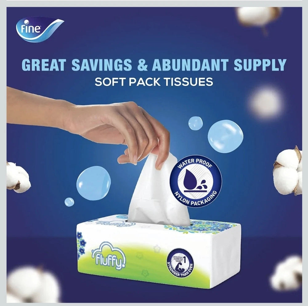 Fine Fluffy white facial tissues 130 sheets 2 ply soft pack green blue packaging