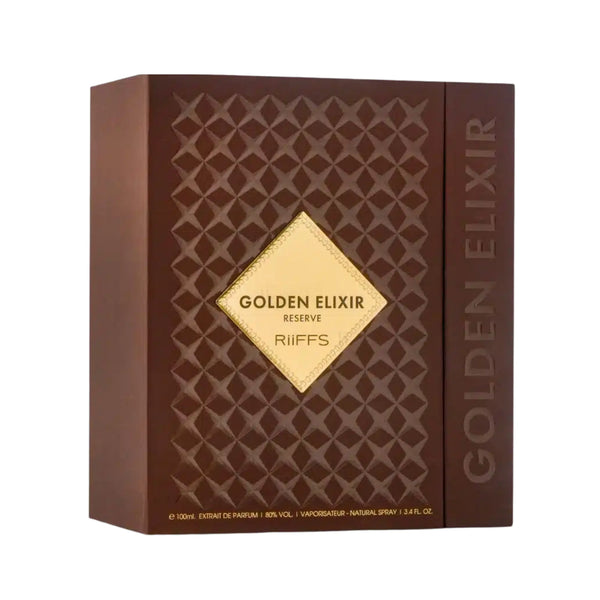Riiffs Golden Elixir Reserve perfume box in dark brown with a gold diamond label and vertical gold lettering on the side, shown on a white background.Golden Elixir Reserve Extrait de Parfum 100ml – Riiffs