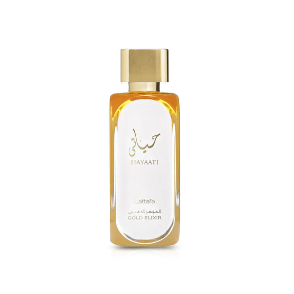Hayaati Lattafa Gold Elixir perfume bottle on a white background