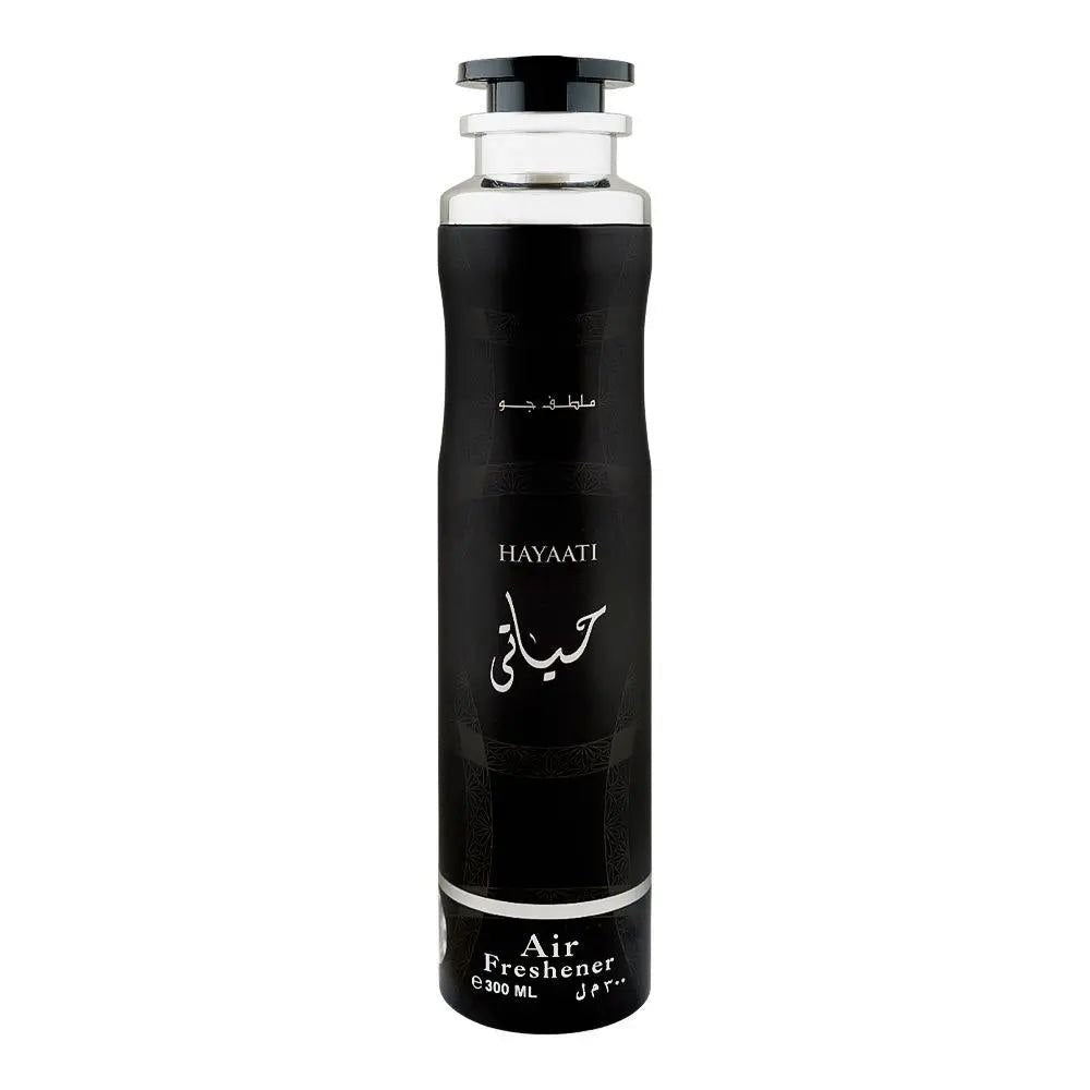 A black cylindrical air freshener bottle with a silver neck and a black cap, featuring white text that reads 'HAYAATI' and 'Air Freshener' on a plain white background.