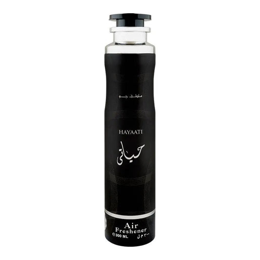 A black cylindrical air freshener bottle with a silver neck and a black cap, featuring white text that reads 'HAYAATI' and 'Air Freshener' on a plain white background.