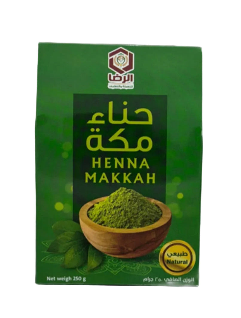 A green stand-up pouch of Henna Makkah, featuring Arabic text, the brand logo, and a bowl illustration of the green henna powder on a white background.