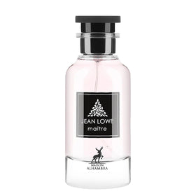 Jean Lowe Mattre cologne bottle by Alhambra, featuring a clear glass bottle filled with pale pink liquid, a black cap, and a black label with white text and graphics.Jean Lowe Matiere EDP 100ml – Maison AlhambraJean Lowe Matiere EDP 100ml – Maison Alhambra