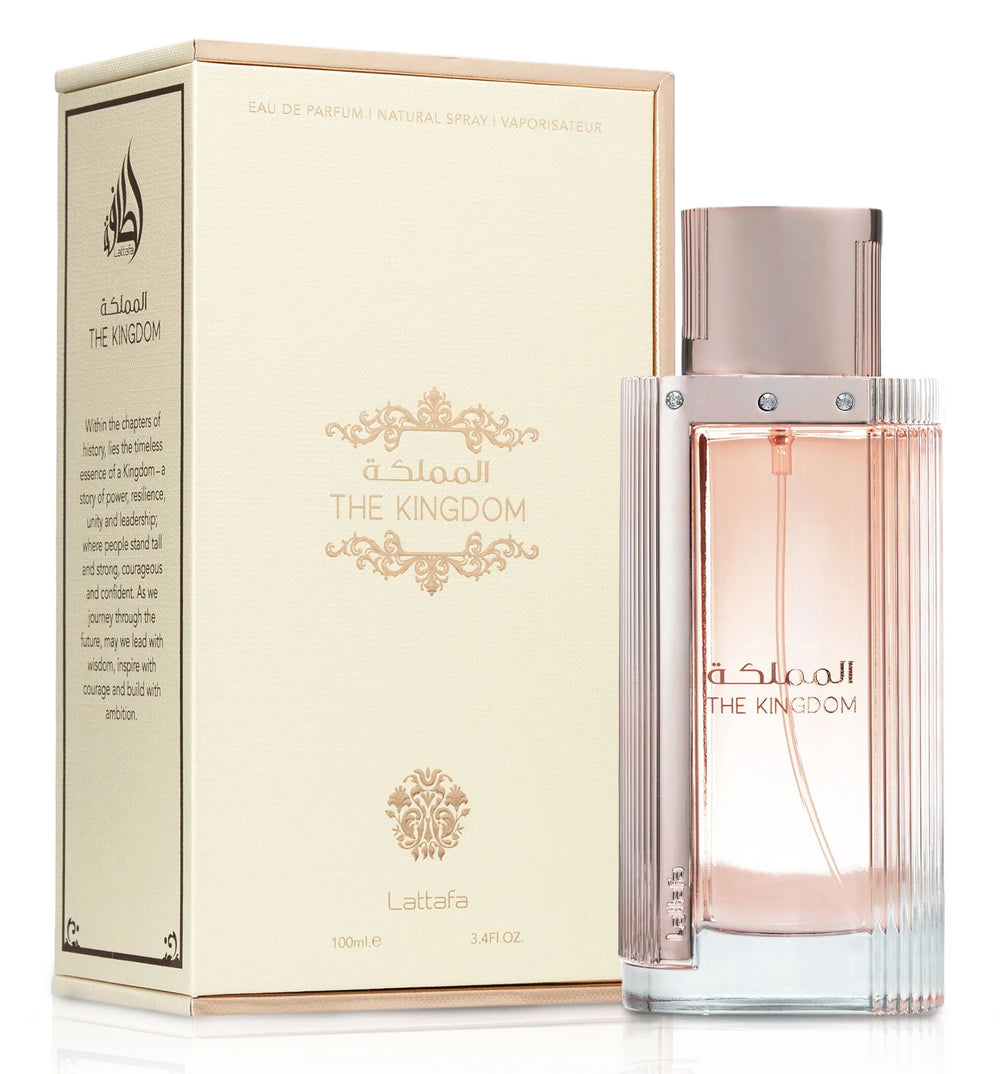 Lattafa The Kingdom perfume bottle and packaging on a white background