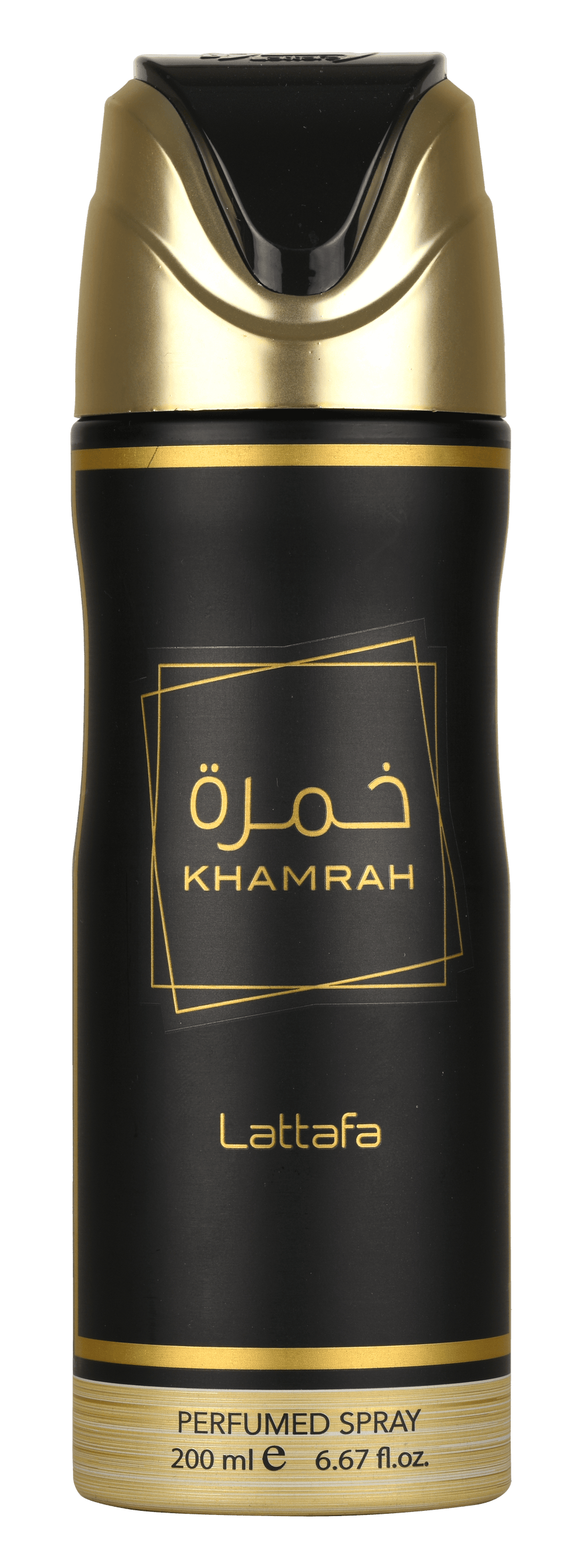 A black and gold cylindrical perfume spray bottle labeled 'Khamrah' and 'Lattafa' with Arabic text, shown on a plain white background.