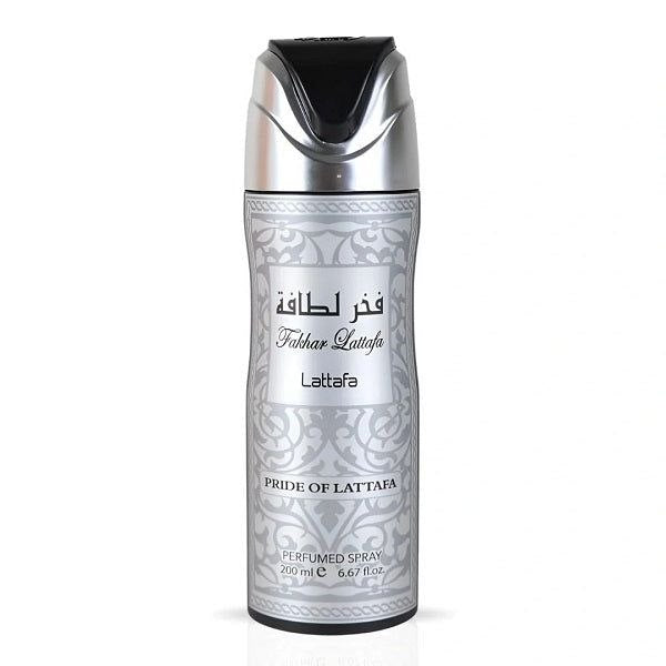 Perfumed spray bottle with silver and black design on a white background