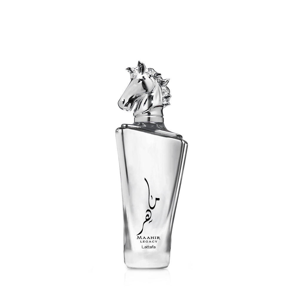 Perfume bottle with horse head design on a white background
