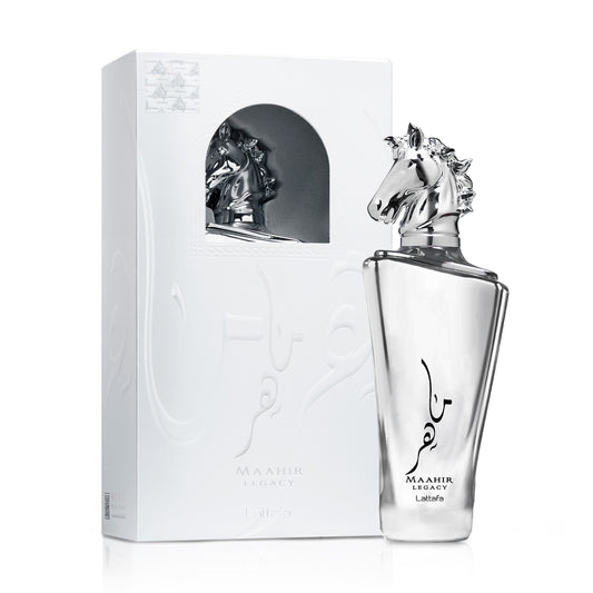 Perfume bottle and packaging with horse design on a white background