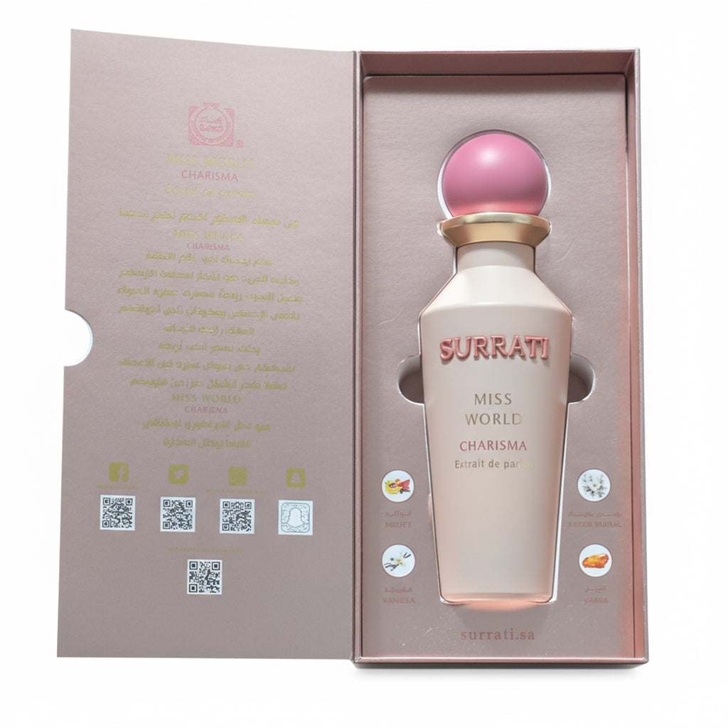 Surrati Miss World Charisma perfume bottle in a pink box on a white background