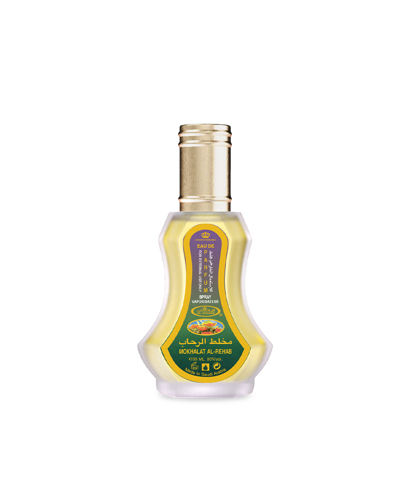 Bottle of perfume with gold cap on a white background Mokhalat Al Rehab EDP 35ml – Al Rehab