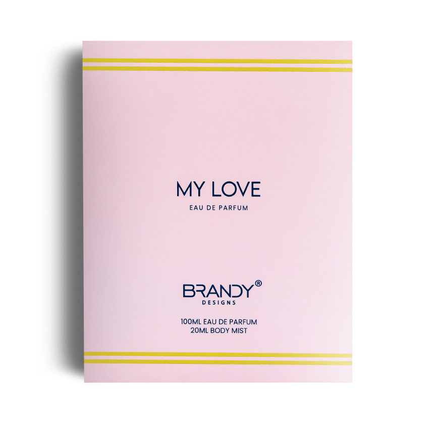 Pink packaging of 'My Love' Eau de Parfum with 'Brandy' branding on a white background