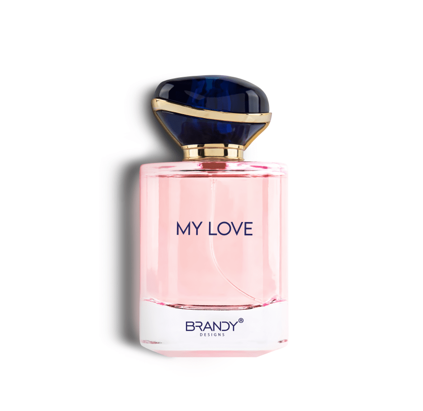 Perfume bottle labeled 'My Love' by Brandy on a white background