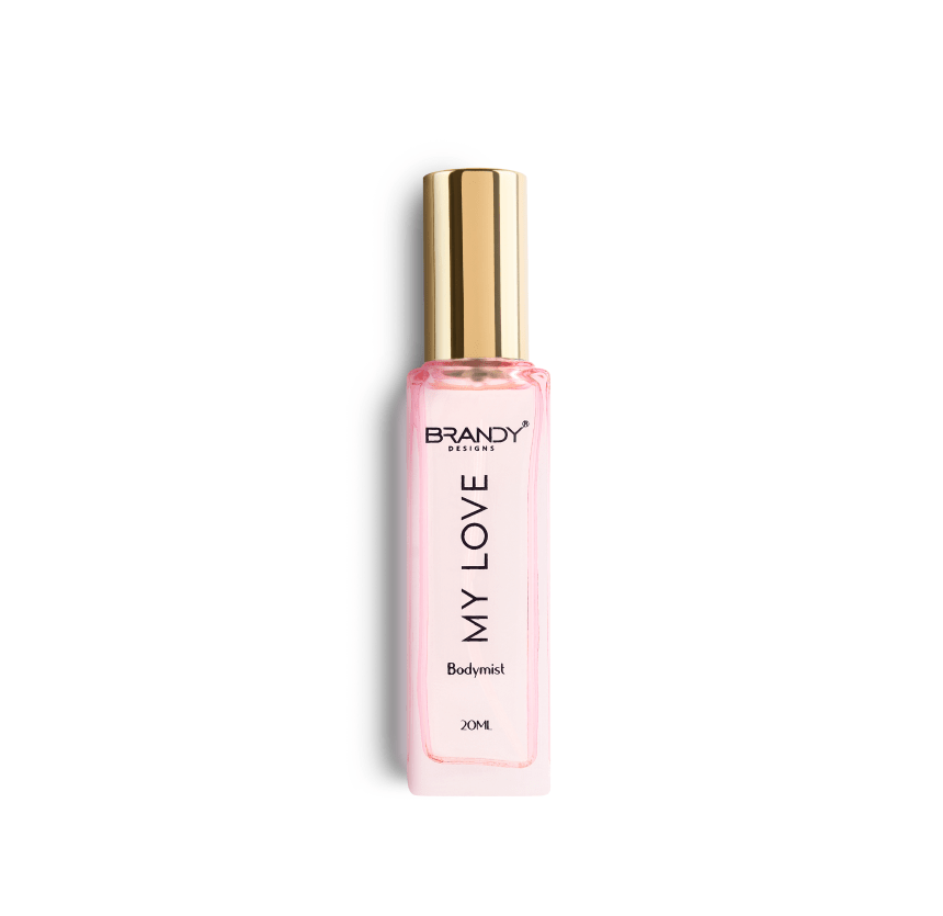 Pink bottle of 'My Love' body mist with gold cap on a white background