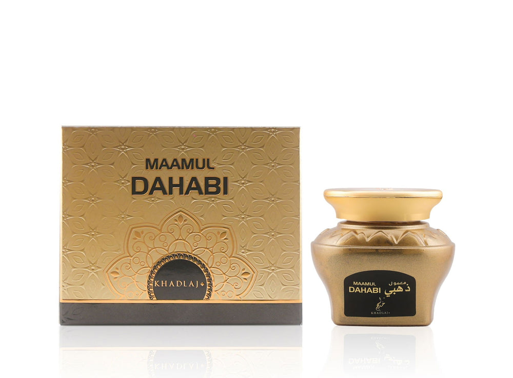 Gold perfume bottle and packaging with 'Maamul Dahabi' branding on a white background Maamul Dahabi Oud Muattar Bakhoor – Khadlaj