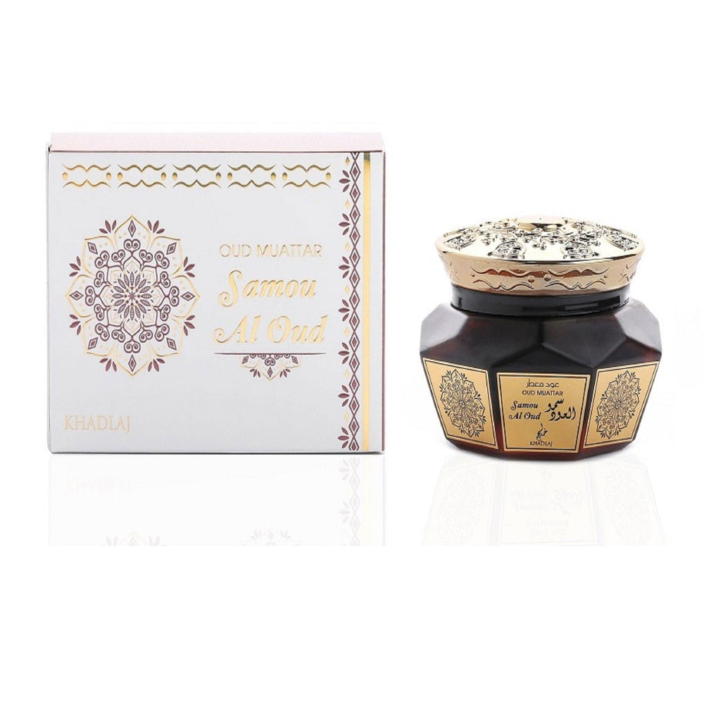 Decorative jar with intricate designs and a matching box on a white background Khadlaj Samou Al Oud Oud Muattar Bakhoor 40g