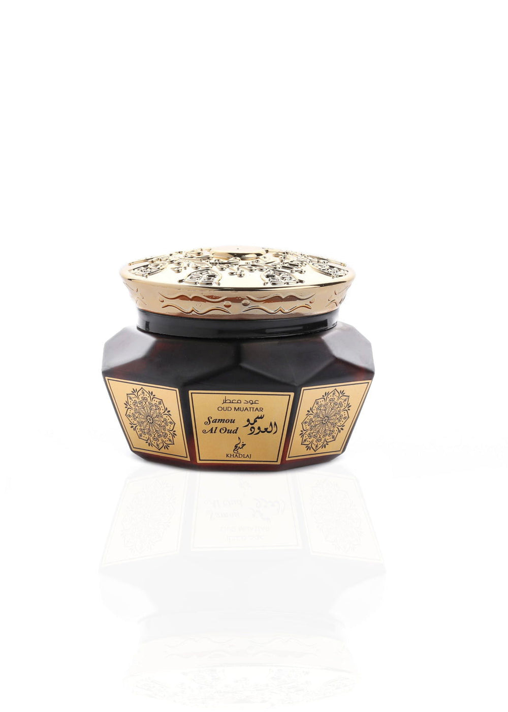 Decorative jar with intricate designs on a white background Khadlaj Samou Al Oud Oud Muattar Bakhoor 40g