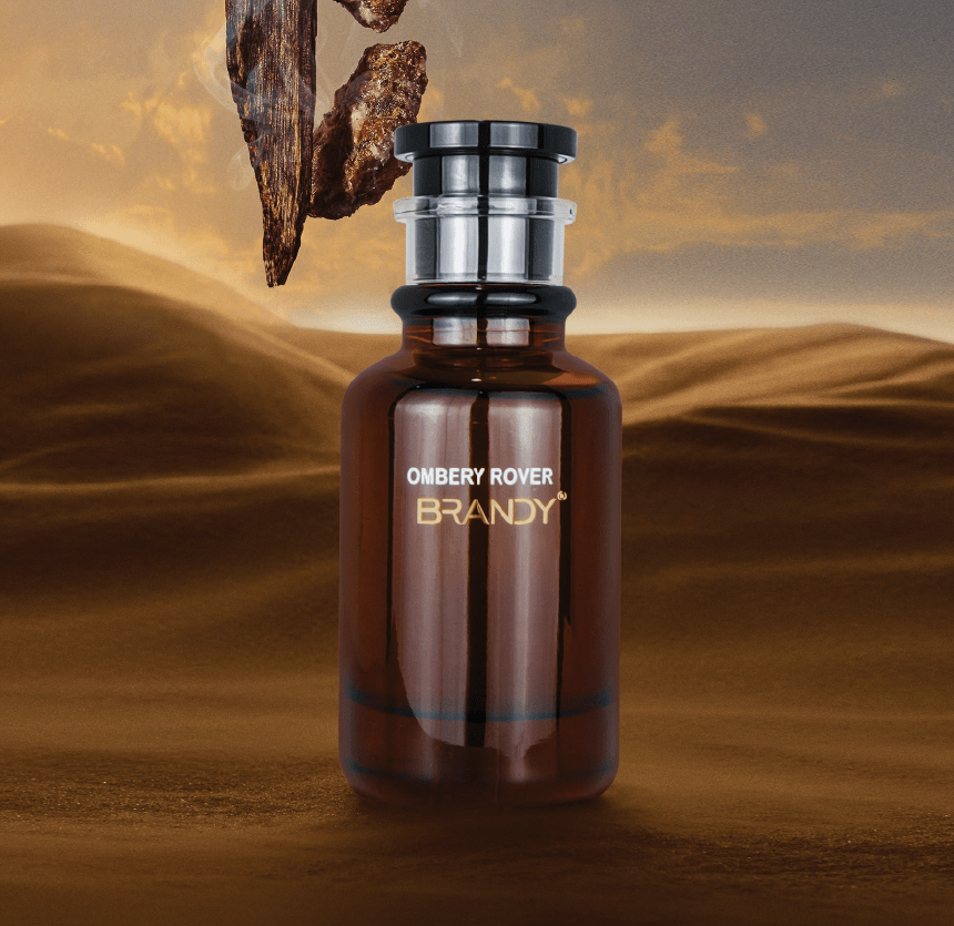 Brandy bottle with 'Omberry Rover' branding against a desert background