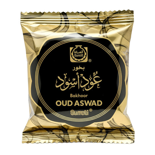 Packaged Oud Aswad bakhoor with gold and black design on a white background Oud Aswad Choco Bakhoor 40g – Surrati