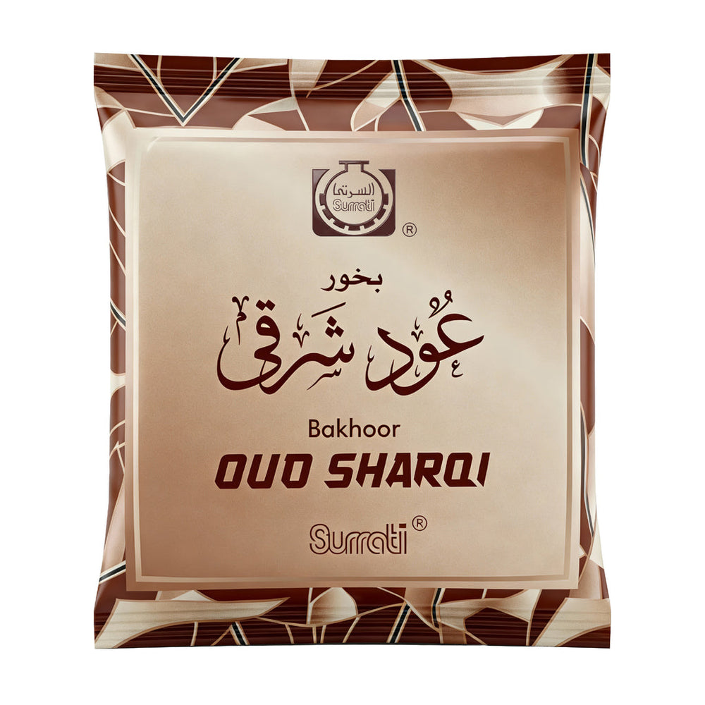 A sealed pouch of Surrati Bakhoor Ouo Sharqi incense sticks, featuring a metallic bronze and beige design with Arabic calligraphy and the brand logo.