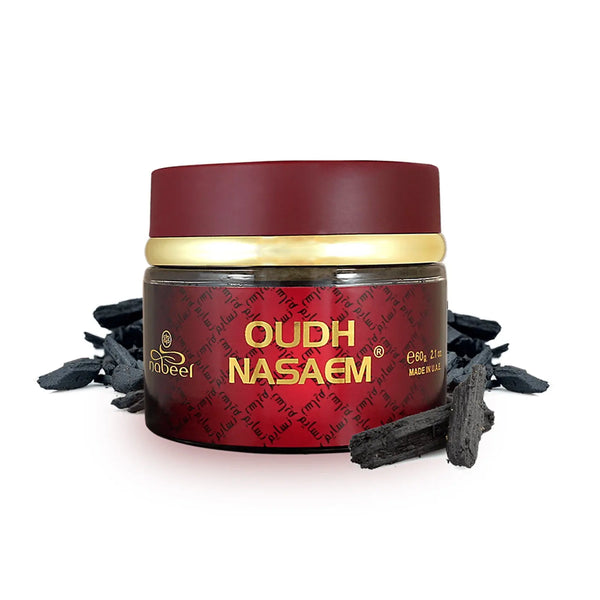 Red container with gold lid labeled 'Oudh Nasaem' on a white backgroundOud Nasaem Bakhoor 60g – Nabeel