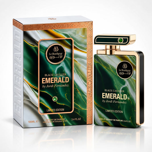 Le Bonheur 1989-2023 Black Cavalier Emerald by Jorali Fernández limited edition perfume shown with its retail box and matching bottle. The packaging features a green and gold marbled pattern with a gold border, and the bottle has a matching green and gold design with a black cap.