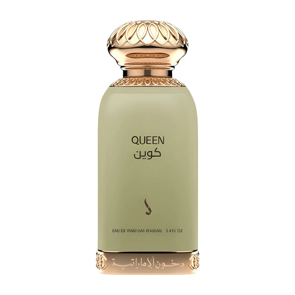 A bottle of Queen Eau de Parfum with a muted sage green body and ornate gold-toned cap and base, shown on a plain white background.Queen – Floral Amber EDP 100ml – Dkhoon Emirates