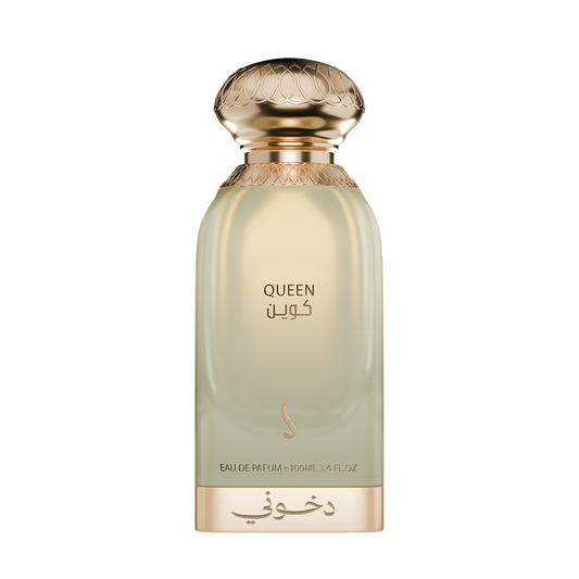 A bottle of Queen Eau de Parfum with a pale pearlescent greenish-gold body, a metallic gold cap, and gold lettering on a white background. Queen – Floral Amber EDP 100ml – Dkhoon EmiratesQueen – Floral Amber EDP 100ml – Dkhoon Emirates