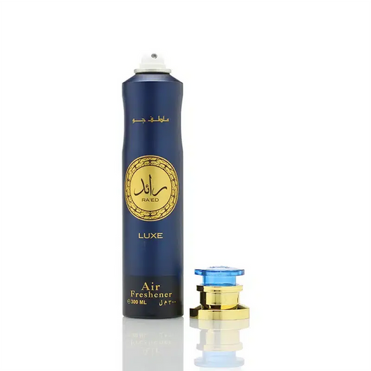 Blue air freshener canister with gold emblem on a white background Ra’ed Luxe Air Freshener 300ml by Lattafa