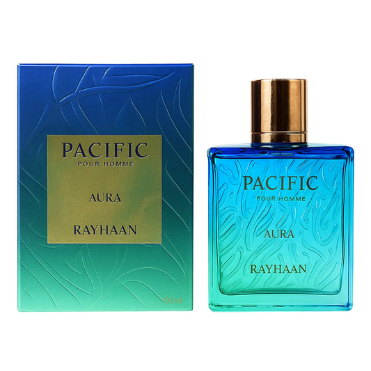 Perfume bottle and packaging of Pacific Pour Homme Aura Rayhaan on a white background