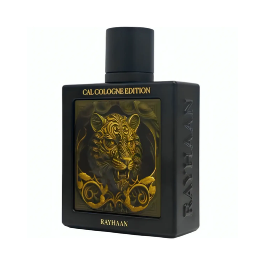 Black and gold cologne bottle with tiger design on a white background