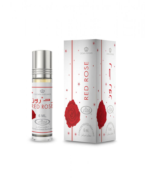 Perfume bottle and packaging with 'Red Rose' design on a white background