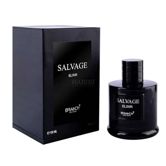 A 100 mL bottle of Brandy Salvage Elixir cologne next to its black packaging box, both featuring white text on a clean white background.