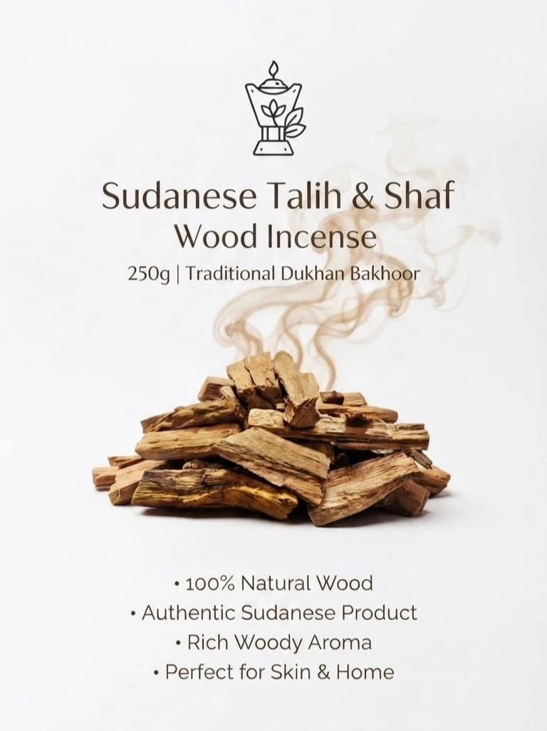Sudanese Talih & Shaf Wood Incense 250g package graphic on a white background, featuring a pile of natural wood incense pieces with rising smoke, a simple line-art logo at the top, and product benefits listed below.