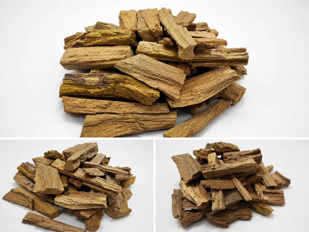 Three small piles of irregular brown wood chips or bark pieces on a white background, arranged in a collage with one larger pile at the top and two smaller piles at the bottom.