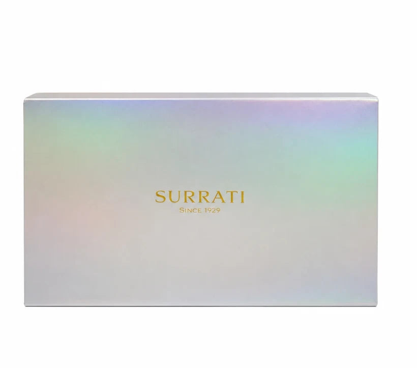 A rectangular Surrati 'Since 1929' box with an iridescent holographic finish and gold lettering, shown on a plain white background.Surrati Mini Collection 2 -5X10ml EDP-S Gift Set